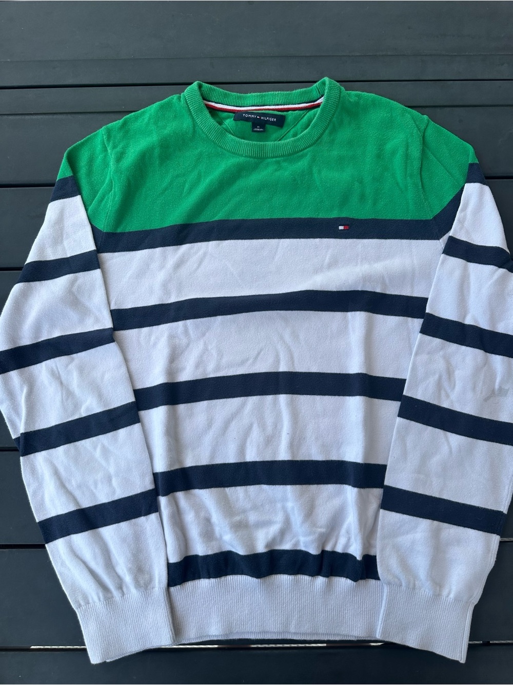 Tommy Hilfiger Green, White & Navy Striped Crewneck Sweater
